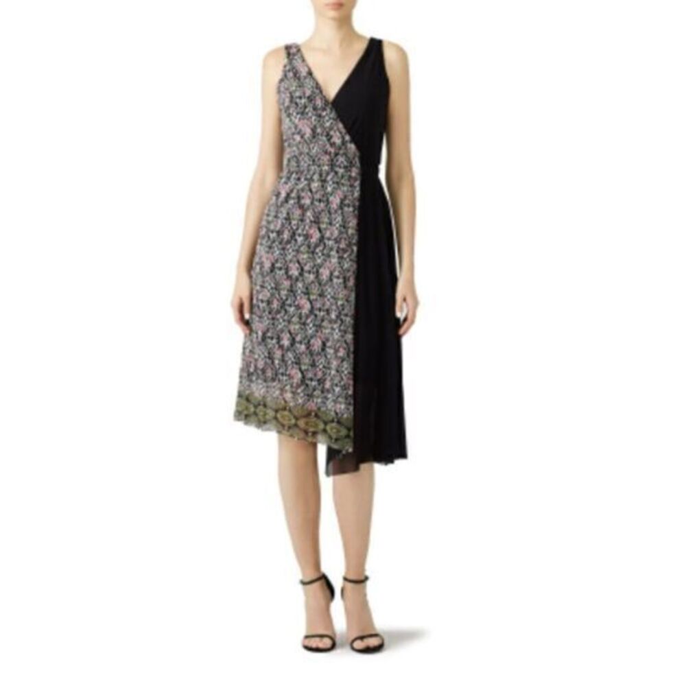 FUZZI Black Printed Sleeveless Geo Faux Wrap Midi Dress SMALL